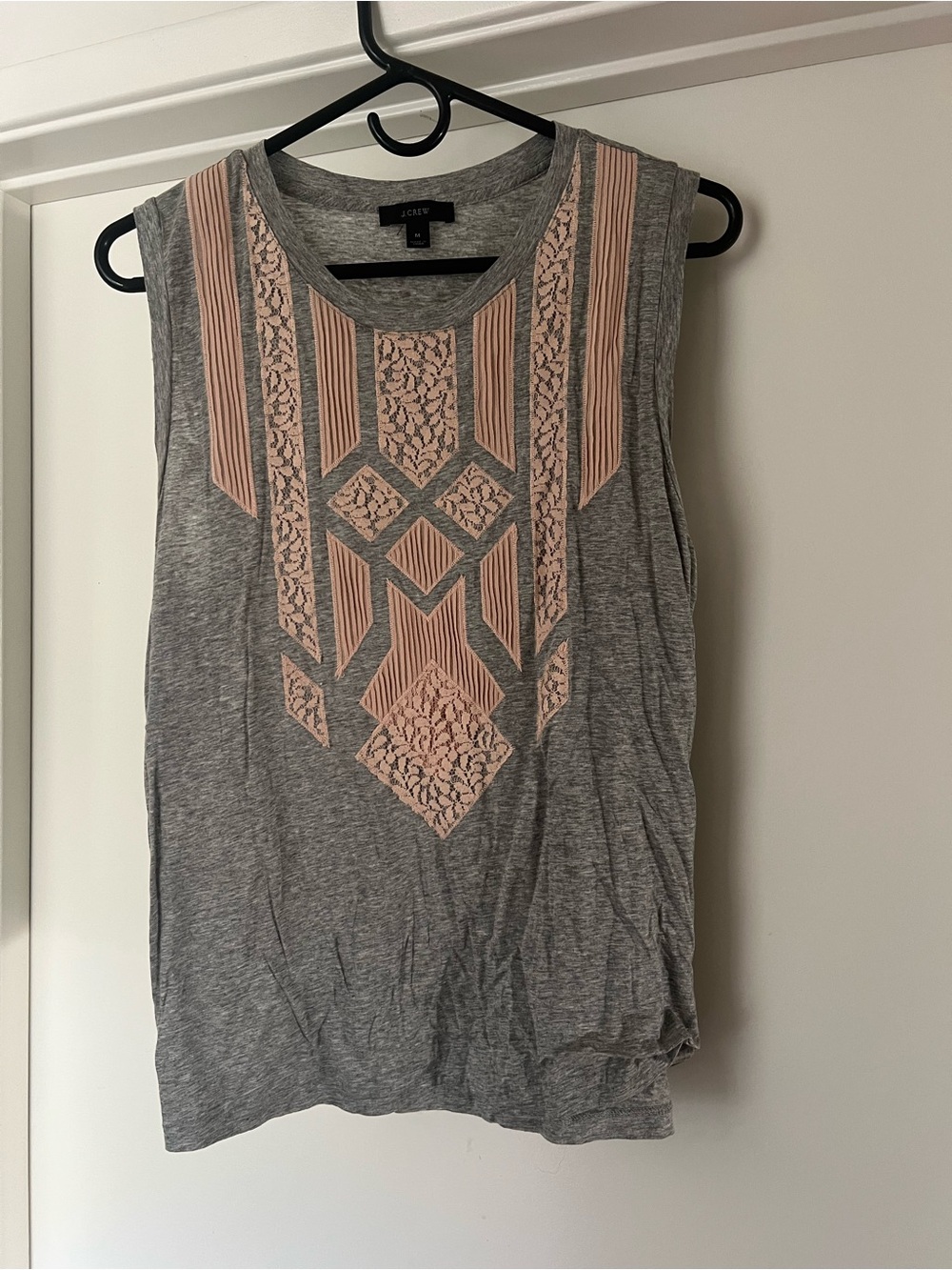 J crew Sleeveless Grey Tank with Blush Lace Inset